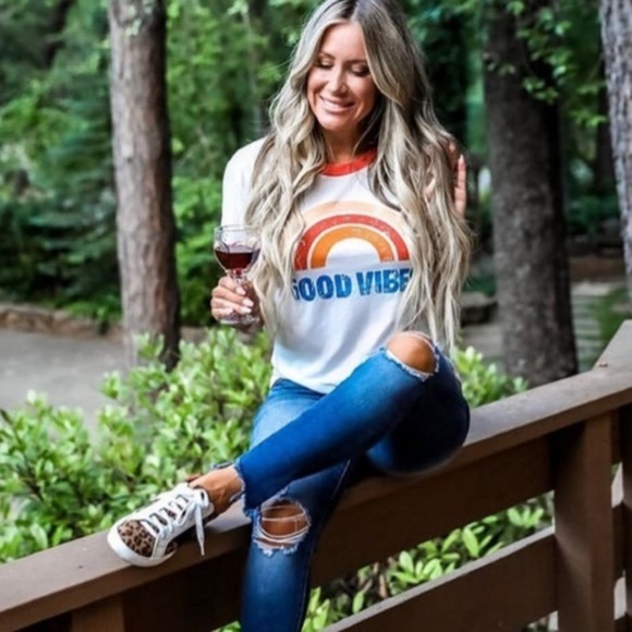 Good Vibes White Rainbow Graphic T-Shirt - Picture 2 of 7